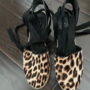 Tory Burch leopard calf hair espadrille wedges size 7.5